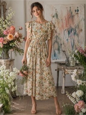 79. Floral Ruffle Midi Dress in Cream with Orange & Green Accents
